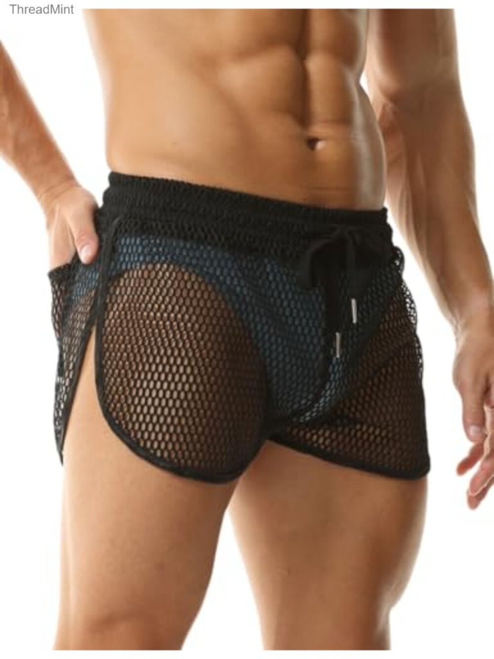 Men's Fishnet Mesh See Through Boxer Shorts with Drawstring